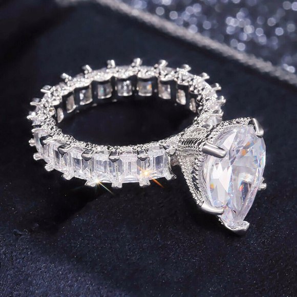 NEW PEAR CUT SILVER SAPPHIRE WEDDING RING - Picture 3 of 3